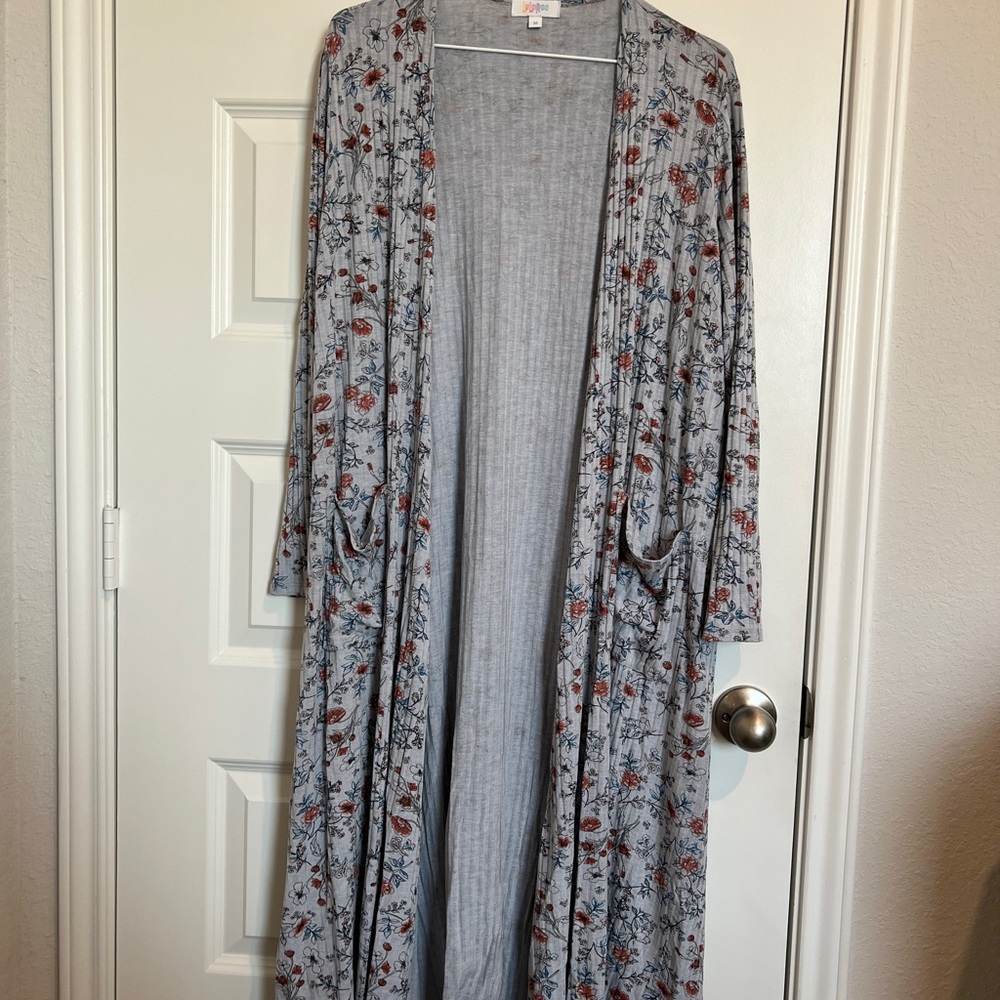 Lularoe Sarah Floral blue Gray ribbed Long Cardigan